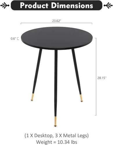 Vista 3 de NOBPEINT Mesa auxiliar redonda de madera moderna, mesa auxiliar de 28 pulgadas con 3 patas de metal, mesa de centro de ocio (negro)