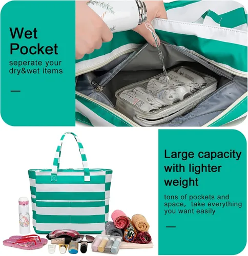 Vista 3 de Bolsa de playa y piscina para mujer, grande, bolsa de gimnasio con compartimento húmedo para viajes, impermeable
