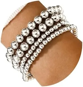 Vista 6 de Xerling 4 pulseras de cuentas doradas para mujer, pulseras de cadena de bolas de estrellas para adolescentes y niñas, pulsera elástica elástica