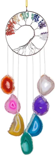 Vista 8 de rockcloud Campanillas de viento colgantes de 7 chakras del árbol de la vida con rodajas de ágata colgantes, adorno colgante de ventanas para Azul