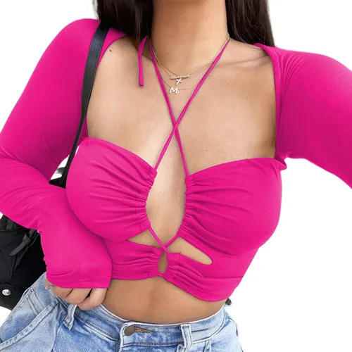 Vista 4 de Avanova Camiseta corta sexy de manga larga con cuello halter cruzado para mujer