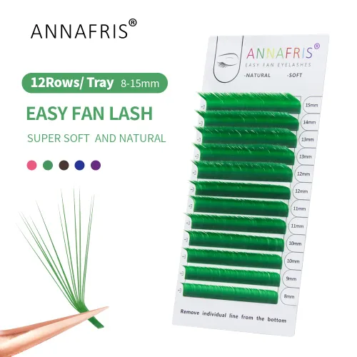 Vista 4 de Extensión de pestañas de colores, Easy Fan púrpura, 0.07, rizo D, 0.315-0.591 in, volumen mixto, pestañas postizas individuales