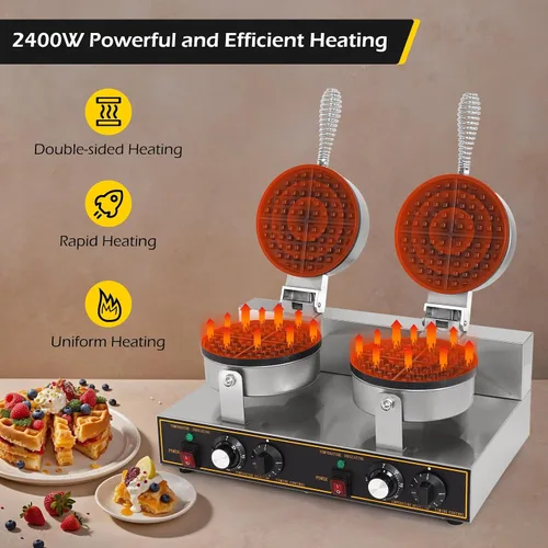 Vista 7 de Dyna-Living Máquina de gofres doble de 2400 W, para restaurante, antiadherente, redonda, waflera comercial, máquina de gofres grande para hotel