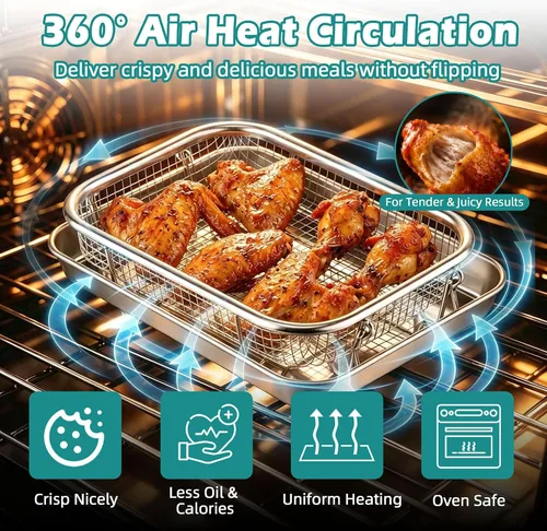 Vista 4 de TeamFar Paquete de 2 cestas para freidora de aire para horno, 9.3 x 7 x 1.9 pulgadas Stainless Steel, with Grease-Catching Tray, Less Oil &