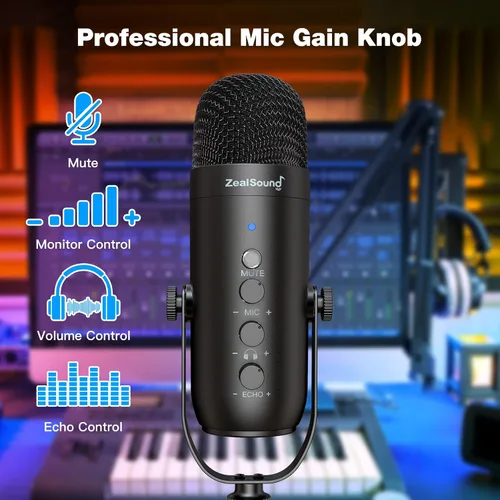Vista 5 de ZealSound Micrófono de podcast con brazo de brazo, micrófono USB con reducción de ruido, silencio, eco y control de volumen, monitoreo de latencia