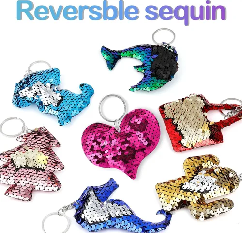 Vista 4 de Outee Llavero de lentejuelas 25 piezas de llavero de lentejuelas para cola de sirena, trébol, gato, animales, regalo de Navidad, regalos de fiesta