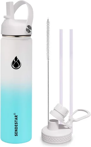 Vista 64 de SENDESTAR Botella de agua aislada de 24 onzas, boca ancha, botella de agua de 24 onzas con tapa con popote, tapa de boquilla, acero inoxidable