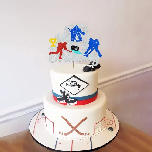 Vista 7 de Decoración para pastel de hockey sobre hielo Decoraciones de cumpleaños de hockey sobre hielo para niños, niñas, adultos – tema deportivo plateado