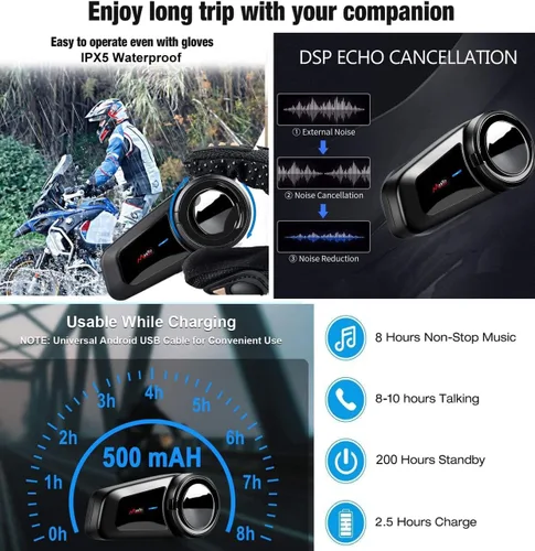 Vista 6 de QSPORTPEAK M2 - Kit de intercomunicación Bluetooth para casco de motocicleta, sistema de comunicación Bluetooth 5.0 de 1000 M hasta 6 conductores