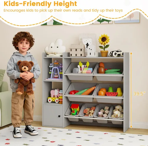 Vista 7 de HONEY JOY Organizador de almacenamiento de juguetes para niños, armario de madera de 44 pulgadas de largo con 8 contenedores extraíbles, estantes