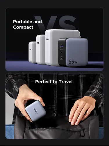 Vista 6 de UGREEN Adaptador de viaje USB C de 65 W, cargador rápido plegable con enchufes de EE. UU./Reino Unido/UE, adaptador de corriente internacional de 3