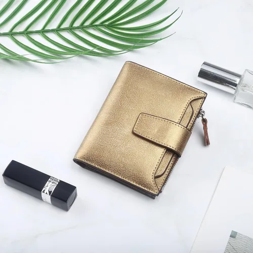 Vista 6 de Lavemi Cartera pequeña y compacta para mujer, con bloqueo RFID, de piel auténtica, con ventanas de identificación