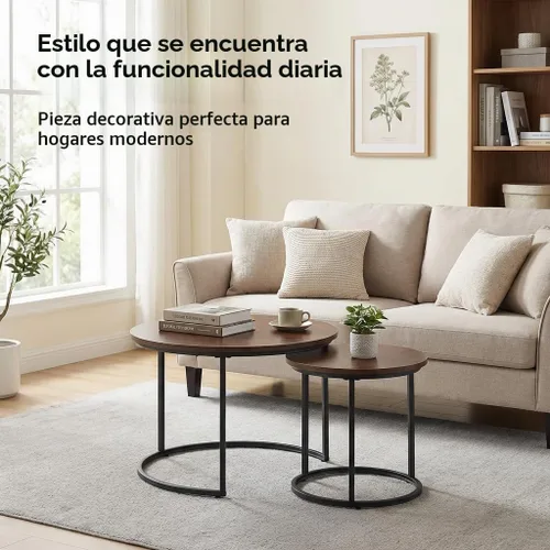 Vista 6 de Juego de 2 mesas de centro redondas anidadas, mesas anidables de madera con patrón de mármol moderno, mesa auxiliar apilable minimalista para sala