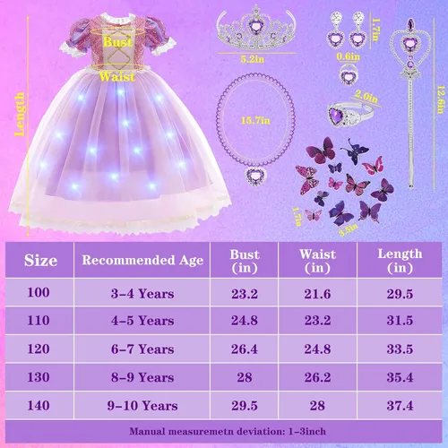 Vista 7 de Tacobear 21 piezas de vestido Rapunzel iluminado para niñas, disfraz de Rapunzel, peluca de Rapunzel, accesorios de princesa, disfraz de Halloween