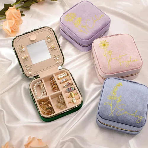 Vista 3 de Joyero personalizado de terciopelo con espejo, diseño de flores de nacimiento personalizadas, organizador portátil de cumpleaños, día de la madre