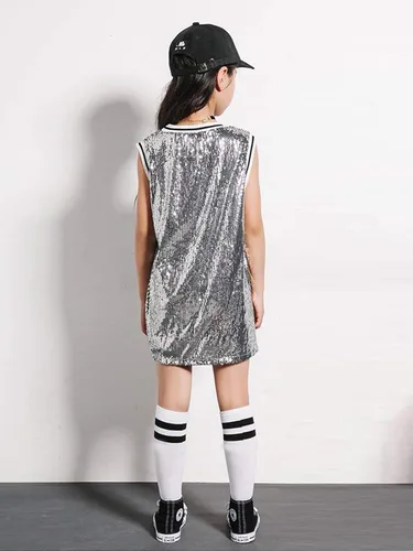 Vista 5 de LOLANTA Ropa de baile Hip Hop para niñas, vestido de lentejuelas para niños, camiseta larga sin mangas, disfraz de jazz, camiseta de animadora