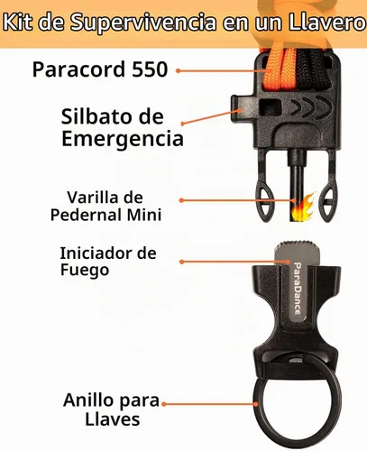 Vista 2 de Survival Keychain Fire Starter w/Flint Striker Paracord Whistle Keyring for Hiking Camping Fishing Hunting