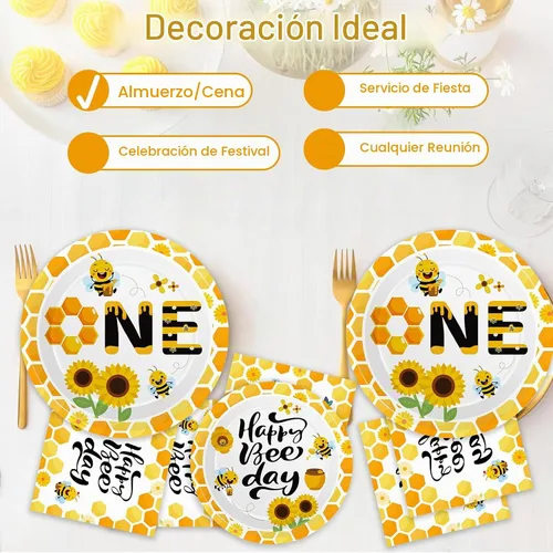 Vista 7 de Qyeahkj Juego de 100 platos de papel y servilletas de abeja, suministros para fiesta de primer cumpleaños, suministros para el primer cumpleaños