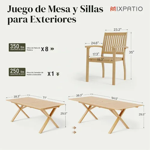 Vista 6 de MIXPATIO - Juego de comedor de madera de acacia para patio de 8 con mesa extensible y 8 sillas 9 piezas-madera
