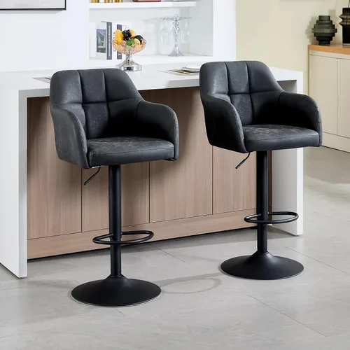 Vista 9 de Moderno juego de 2 taburetes de bar giratorios de piel sintética con apoyabrazos, silla de bar ajustable tapizada con base de metal reposapiés