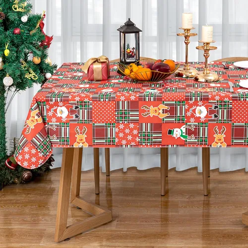 Vista 19 de Mantel de vinilo desechable con reverso de franela, impermeable, patrón de copo de nieve y reno (60 pulgadas, 2-4 asientos)