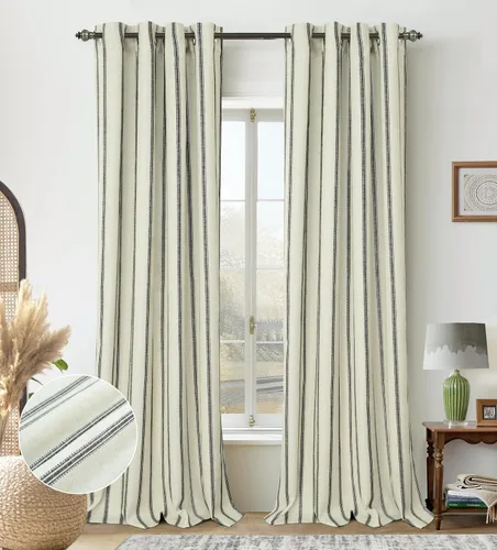 Vista 44 de DriftAway, cortinas de mezcla de lino estilo granja 100% opacas de 63 pulgadas de largo para dormitorio, cortinas de lino con rayas verticales