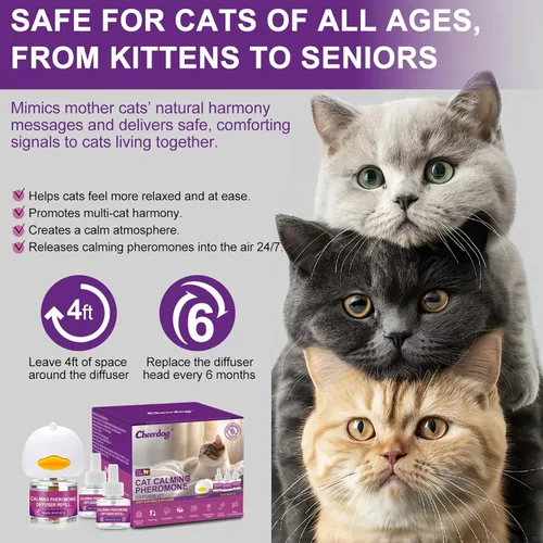 Vista 5 de Cheerdog Difusor calmante de feromonas para gatos, alivia la ansiedad y el estrés, difusor calmante para gatos, comodidad para gatos, 3 repuestos