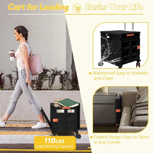 Vista 2 de Carrito plegable con ruedas giratorias, tapa magnética extendida, mango telescópico, ángulo ajustable para transportes, comestibles, oficina Negro