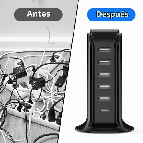 Vista 2 de Estación de carga USB para múltiples dispositivos, torre de carga multipuerto, puerto USB-C compatible con carga rápida PD compatible con iPhone