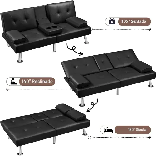 Vista 5 de Yaheetech Sofá Cama Convertible Sillón Reclinable Ajustable Moderno de Cuero Sintético Sofá de Dos Plazas Reversible Cama Plegable Tipo Diván
