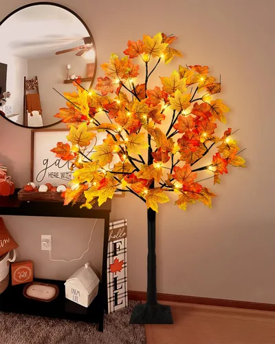 Vista 4 de Uieke Árbol de arce artificial de otoño con 48 luces LED de 4 pies con 12 luces de piño, 8 modos, decoración de otoño para el hogar, decoración