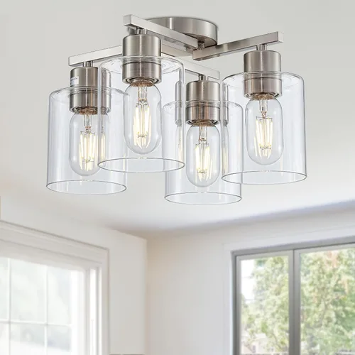 Vista 24 de Lámpara de techo semiempotrada de 1 luz, lámparas de techo de níquel cepillado, lámparas modernas para montaje en techo, luces de techo con pantalla