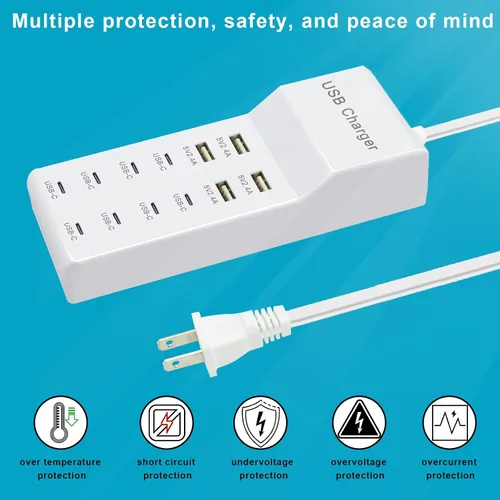 Vista 6 de Cargador USB, estación de carga USB de 12 puertos (4 puertos USB-A y 8 puertos USB-C) Estación de carga USB múltiple compatible con iPhone