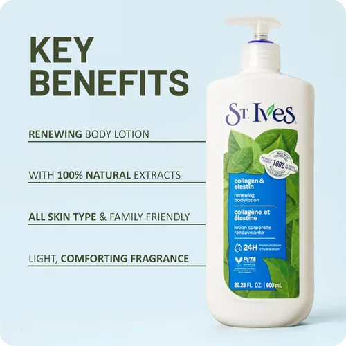 Vista 6 de St. Ives Loción renovadora de manos y cuerpo para mujeres con bomba, hidratante diario colágeno elastina para piel seca, hecha con humectantes 100%