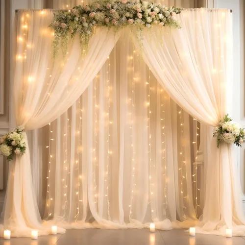 Vista 16 de Cortina de telón de fondo de tul azul bebé de 10 x 8 pies con cadena de luces para fiestas, cortinas de fondo transparentes para bodas, baby shower