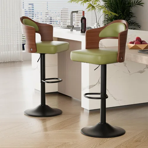 Vista 18 de Juego de 2 taburetes de bar giratorios, taburetes de bar de madera tapizados en cuero PU con respaldo y reposapiés, asiento de altura ajustable