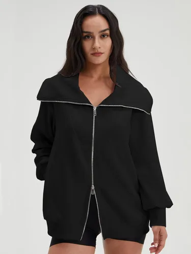 Vista 4 de DEEP SELF Sudaderas de gran tamaño con cremallera completa para mujer, chaqueta casual de manga larga con cuello 2023, ropa de moda de otoño