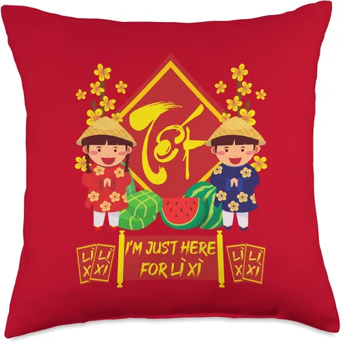 Vista 5 de Kids Funny Meaningful Vietnamese New Year Phrases I'm Just Here for Li Xi Almohada vietnamita para niños de Año Nuevo lunar 2022, 16 x 16