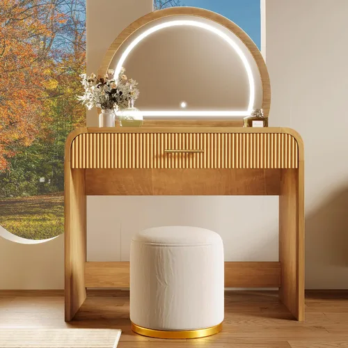 Vista 6 de Montary Mesa de tocador de maquillaje de 39 pulgadas con espejo iluminado con pantalla táctil, tocador de madera de goma con cajón grande