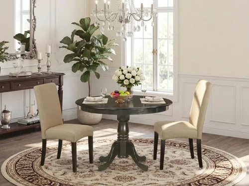 Vista 2 de East West Furniture HLDR3-CAP-03 Juego de mesa de comedor de 3 piezas contiene una mesa de comedor redonda con pedestal y 2 sillas Parson tapizadas
