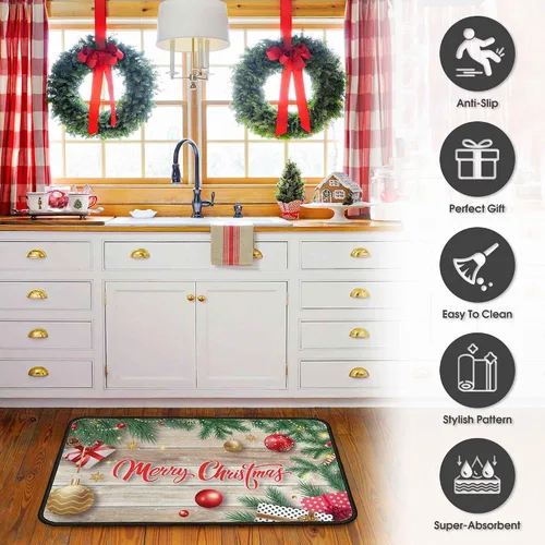 Vista 4 de 2 tapetes de cocina de Navidad para piso, tapete antideslizante para decoración de cocina, juego de alfombras de cocina antifatiga con corredor