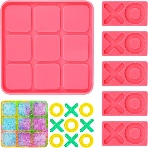 Vista 8 de Molde de resina Tic Tac Toe con 5 moldes de piezas de ajedrez, moldes de silicona DECYOOL X O para fundición de resina, juego de mesa de bricolaje