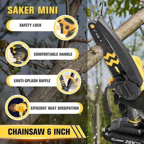 Vista 4 de Saker Mini motosierra inalámbrica de 6 pulgadas con interruptor de bloqueo de seguridad, motosierra eléctrica inalámbrica, motosierra pequeña