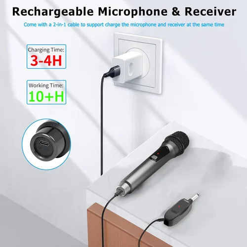 Vista 2 de Aveek Micrófono Inalámbrico para Karaoke, Micrófono de Karaoke Recargable de 2.4GHz (Funciona 10hs), para Altavoz, Máquina de Karaoke, Iglesia, Gris