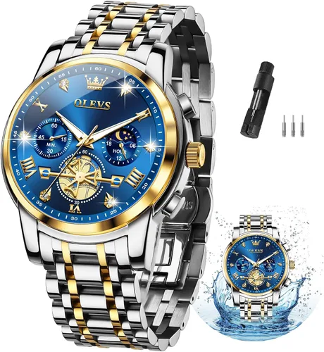 Vista 15 de OLEVS Relojes para hombre de plata, reloj de cronógrafo de acero inoxidable para hombre, reloj analógico de cuarzo de cara grande para hombre