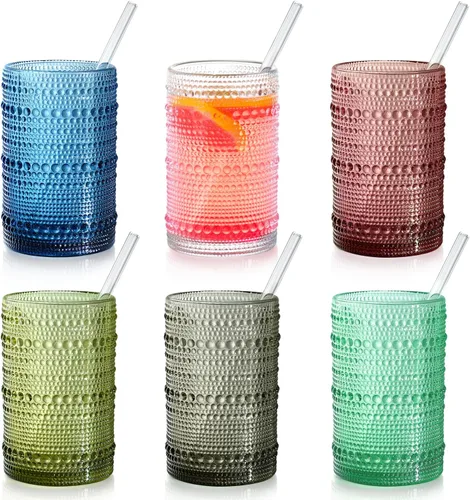 Vista 9 de Vasos altos vintage azules con reborde y pajitas, juego de 12 vasos de vidrio para cócteles, whisky, cerveza y jugo (15 onzas y 12 onzas)
