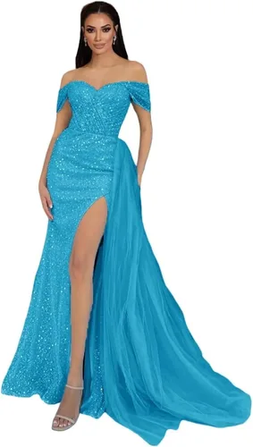 Vista 6 de Vestido de fiesta de sirena brillante con lentejuelas, largo con abertura, hombros descubiertos, vestido formal de fiesta con cola para mujer