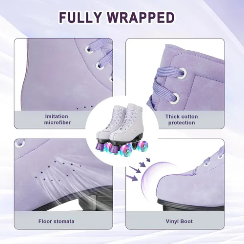 Vista 6 de YYW Patines de ruedas para mujeres y niñas, zapatos de tacón alto, patines de dos filas, brillantes, de cuatro ruedas, unisex, de piel sintética