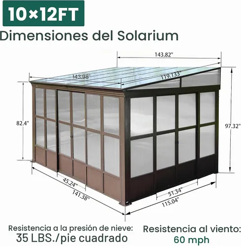 Vista 2 de Domi - Solárium montado en la pared de 10 x 12 pies, solárium de pared con techo inclinado de PC con estructura de aluminio, casa con paneles