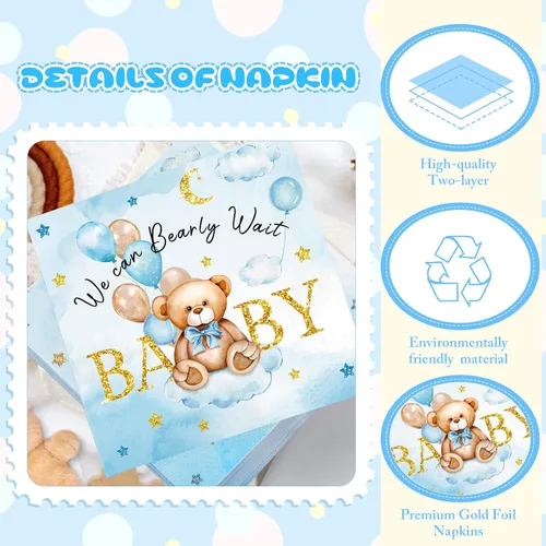 Vista 2 de Crtiin 100 servilletas de baby shower con texto en inglés «We Can Bearly Wait», decoraciones de baby shower para niños, servilletas de regalo